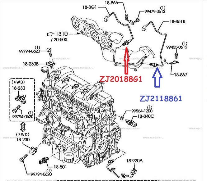 Где находится лямбда зонд на мазда демио