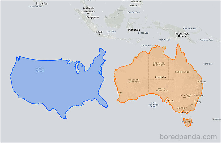 Размер африки и россии. Страны Австралии на карте. Настоящий размер Австралии. Реальные Размеры континентов на карте. Австралия и США на карте.