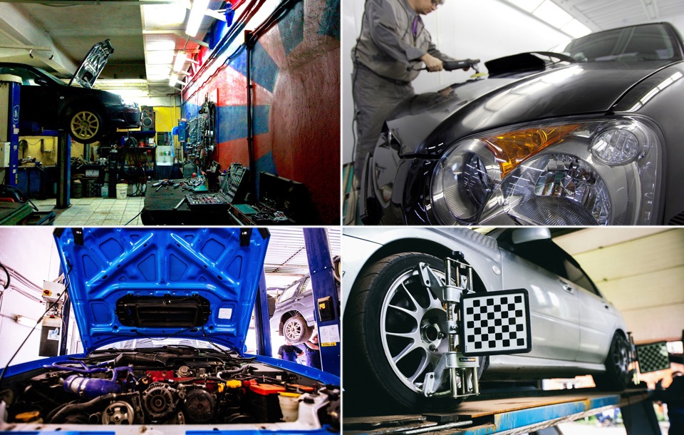 Если с тачкой внезапно что-то случилось, то тупить в ожидании свободного слота скорее всего не придётся. Для этого тут 8 слесарных постов, 3D сход-развал и окрасочно-кузовная станция со стапелем — Subaru Impreza WRX STI (GD)