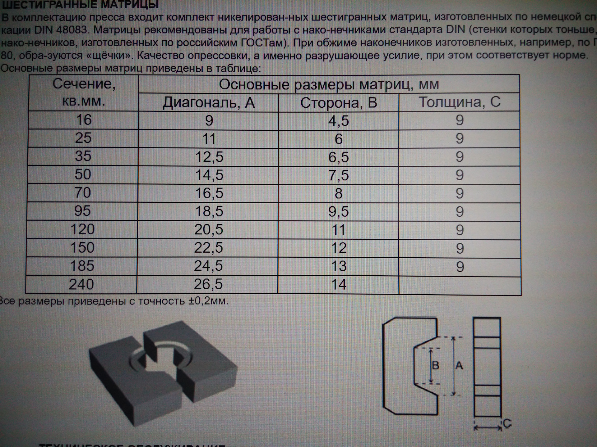 Размер матриц для опрессовки наконечников проводов
