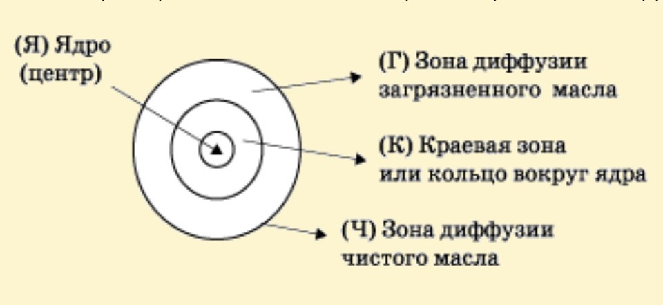 Зоны диаметров. Зона чистого масла. Зоны диффузии масла. Капельный метод анализа определения пробы. Диагностика по состоянию масла.