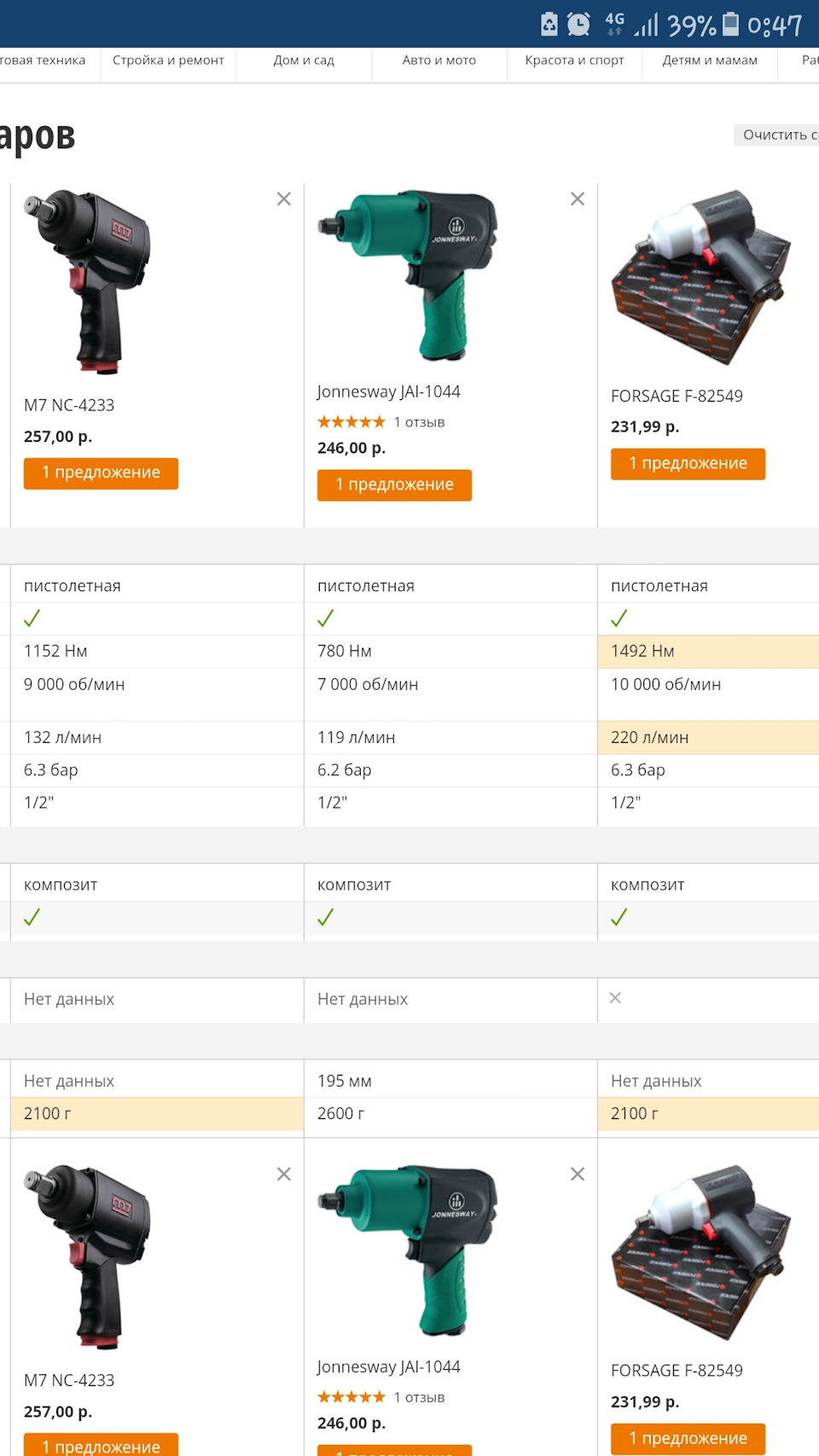 JAI1044 JAI-1044 Гайковерт пневматический 1/2 DR 8000об/мин 780НМ ...