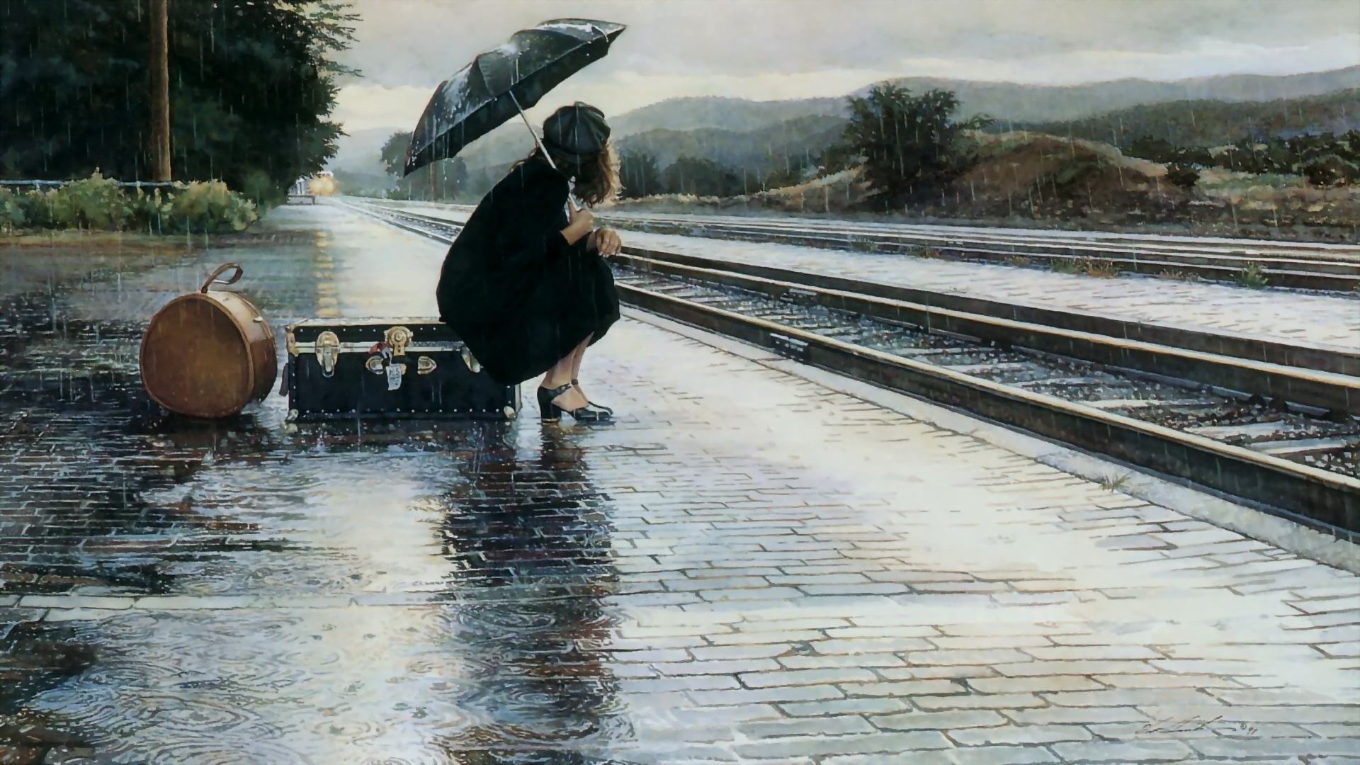 Живопись Стив Хэнкс девушка на вокзале дождь