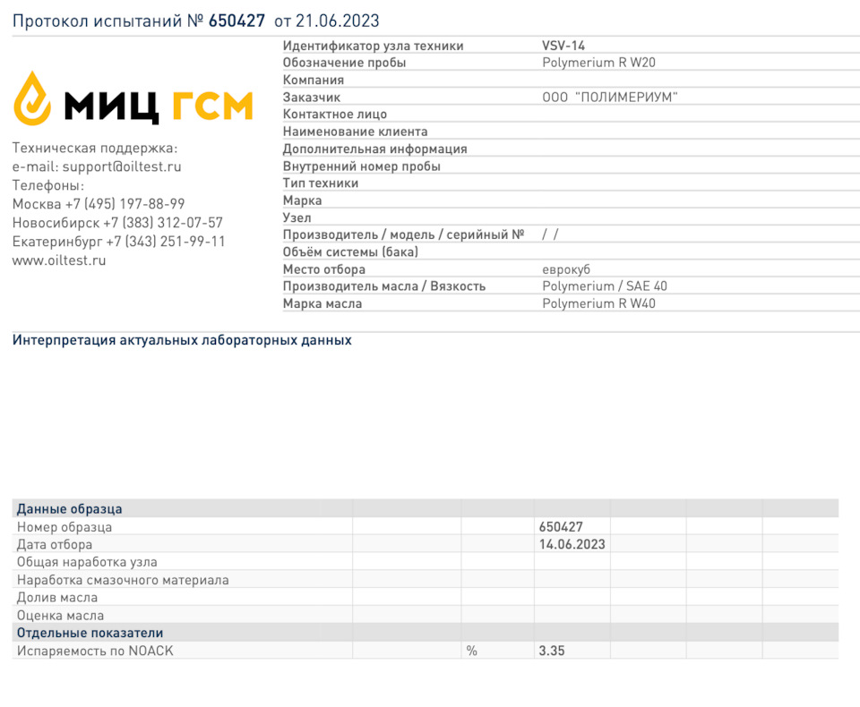 Результаты лабораторного анализа моторного масла ПОЛИМЕРИУМ Метеор В40 ...