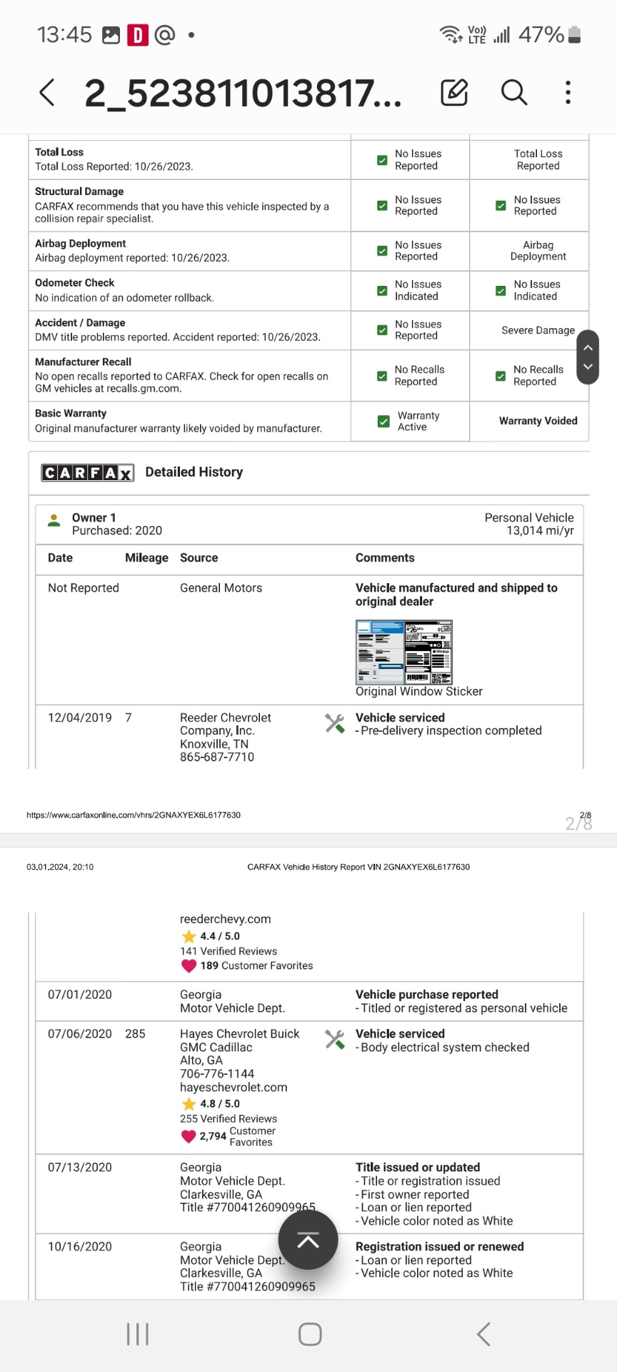 2. Отчет carfax — Chevrolet Equinox (3G), 2 л, 2019 года | просто так ...