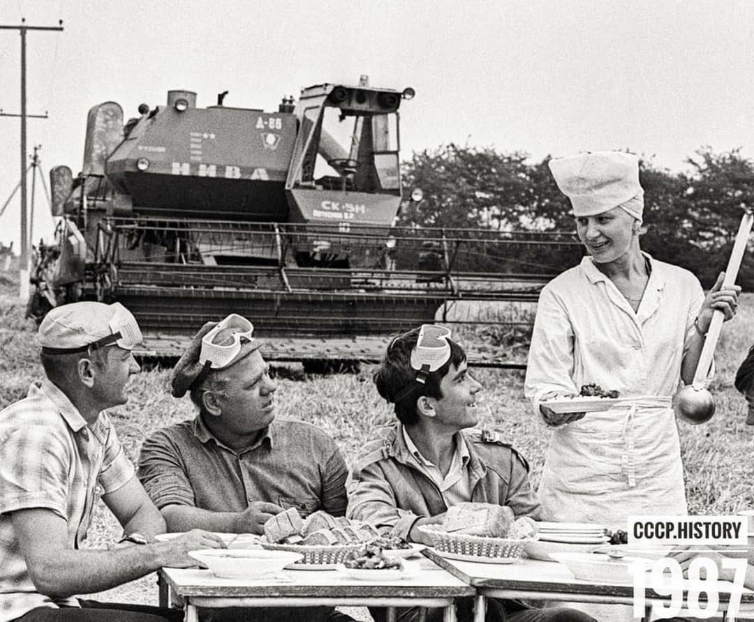 Советские люди обедают в поле