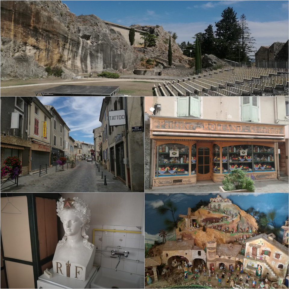 Город знаменит своей известняковой скалой, возвышающейся посреди равнины. Когда-то эта скала была огромного размера, но в процессе горнодобывающей деятельности постепенно ужалась до размера на фото. Теперь у ее подножия проходят театральные представления, а территория окружена забором. Когда мы там были – все было закрыто, но одинокая работница музея-театра любезно пропустила нас внутрь посмотреть на сцену. Заодно вкратце изложила историю города. В подсобных помещениях музея был обнаружен вот такой необычный бюст с символами Вишистской Франции и звездой на голове. Что это было? :) — Audi A4 (B9)