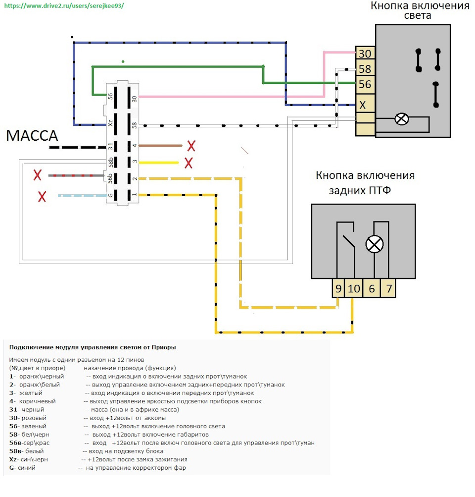 Схема подключения блока управления светом приора на ваз 2110