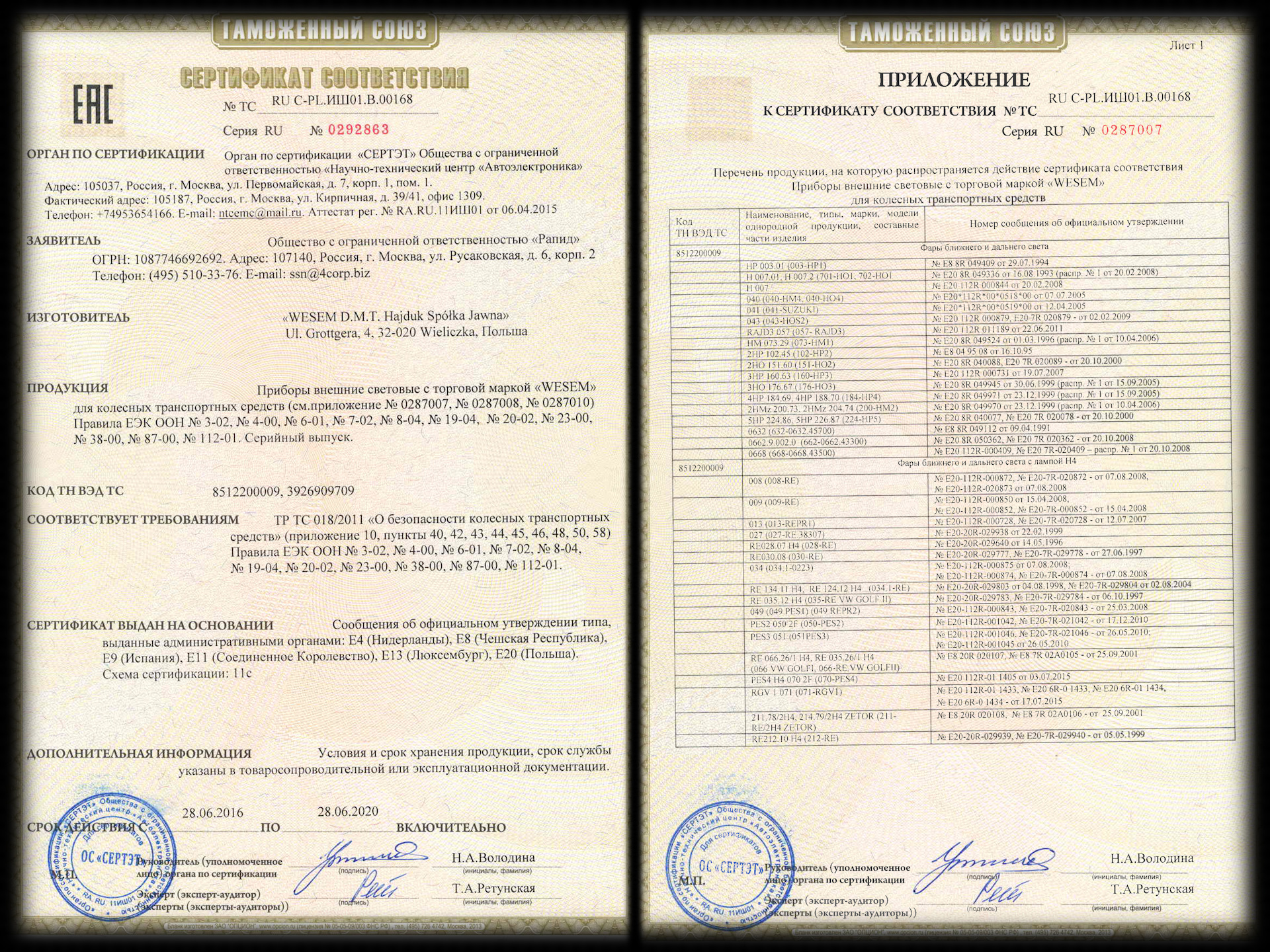 Сертификат соответствия на фонари ВАЗ 2114