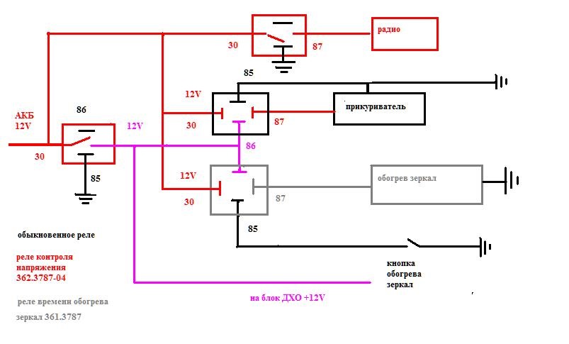 Схема подключения реле подогрева зеркал