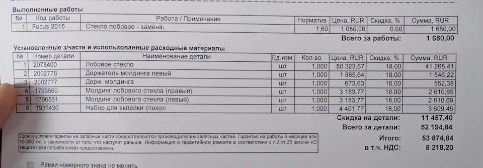 Замена лобового стекла по КАСКО — Ford Focus III Hatchback, 1,5 л, 2016 ...