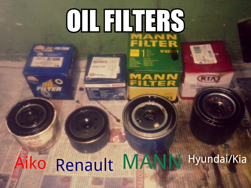 тест-распил масляный фильтров Aiko, Renault (Purflux), Mann, Hyundai\Kia — Lada Калина седан. Запчасти на фото: W9209