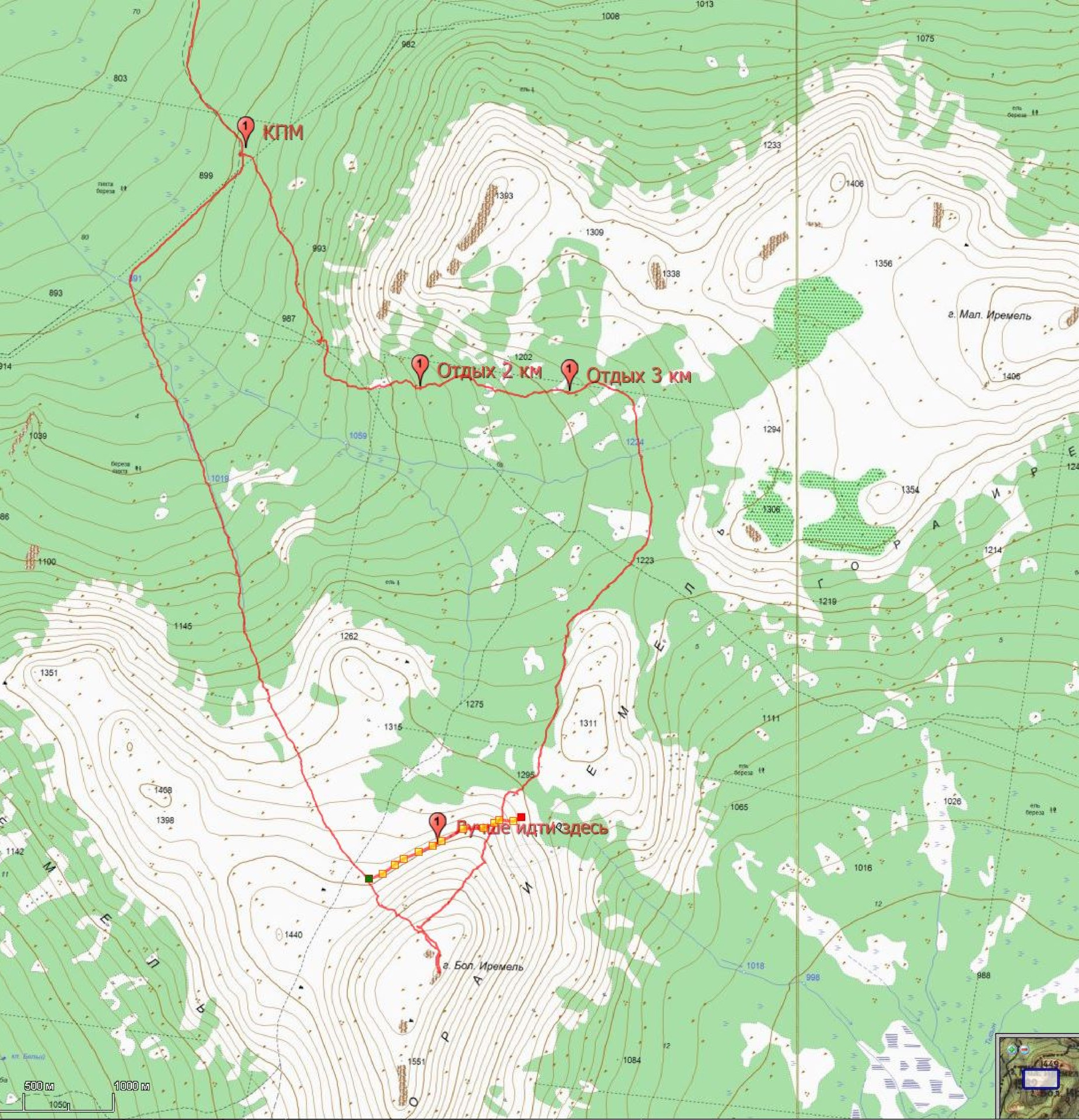 Гора большой Иремель на карте Урала