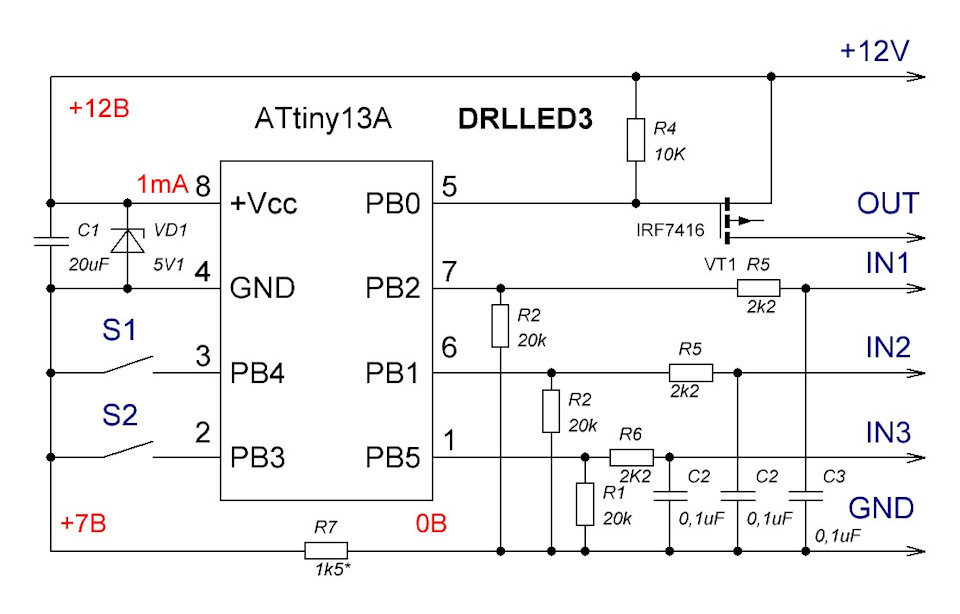 Полицейская мигалка на attiny13 схема