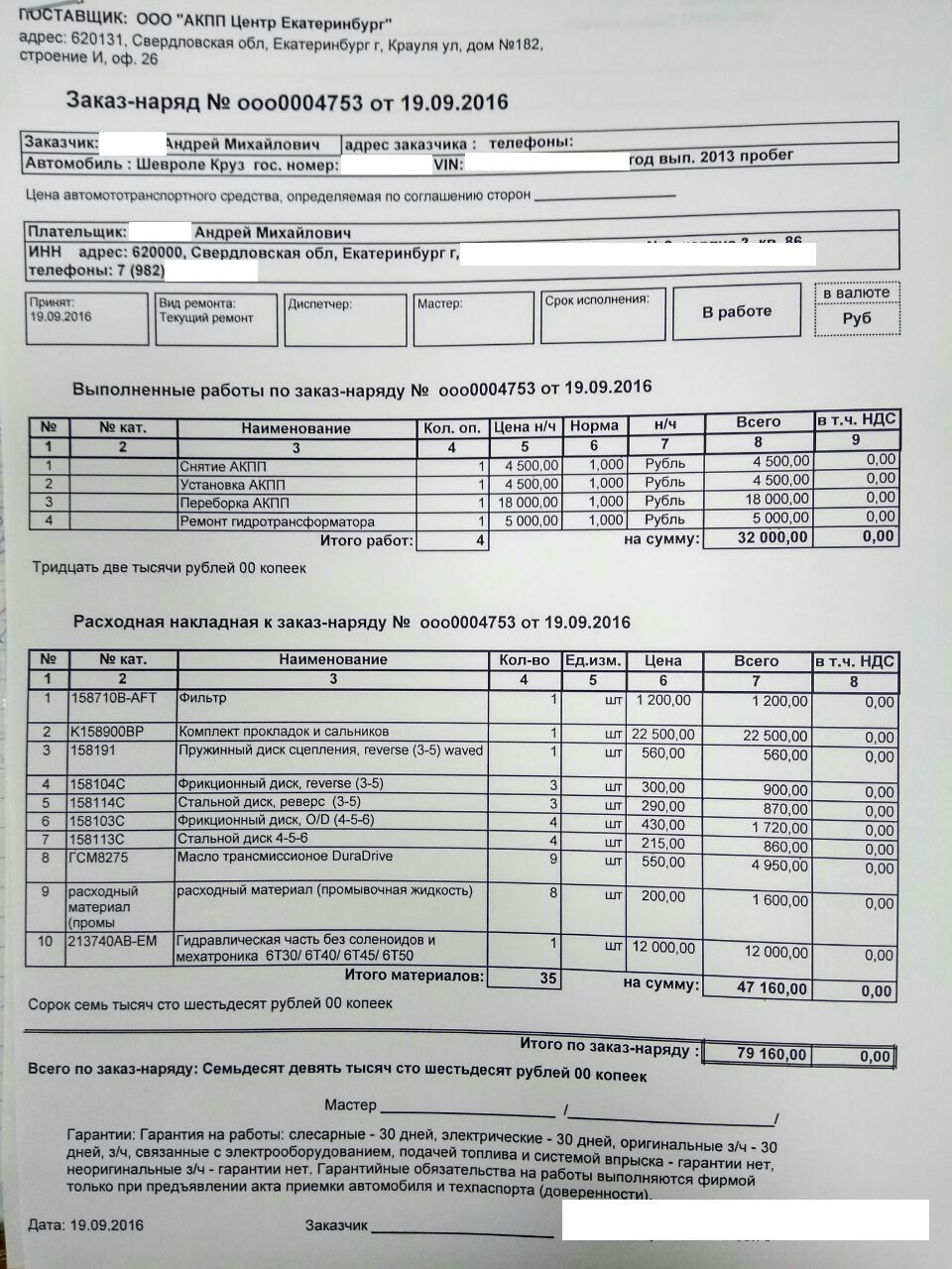 Заказ наряд на кузовной ремонт автомобиля образец