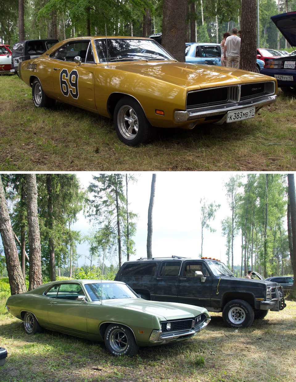 Dodge Charger R/T, Ford Torino … на фоне Chevrolet Suburban 1989 года — Lincoln Town Car III. Запчасти на фото: Patriot R/T