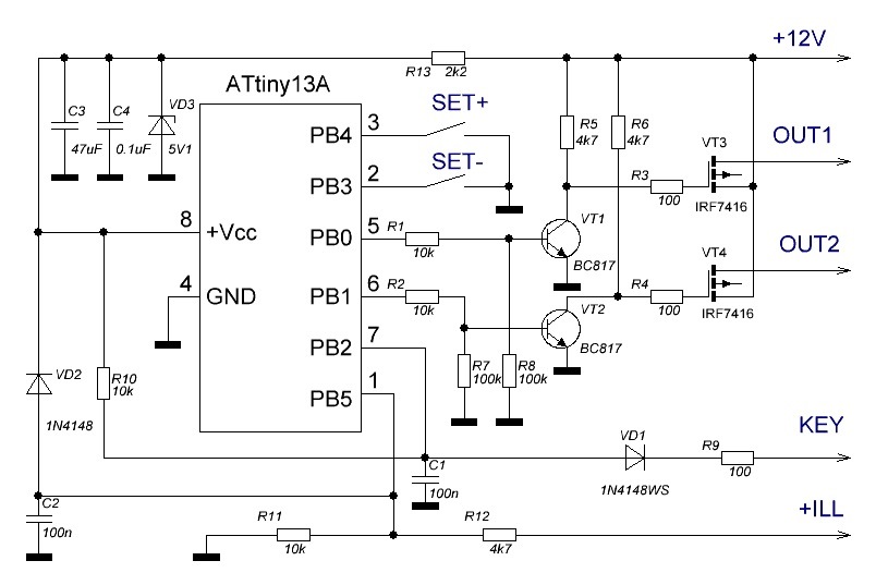 Лампа настроения на attiny13 схема