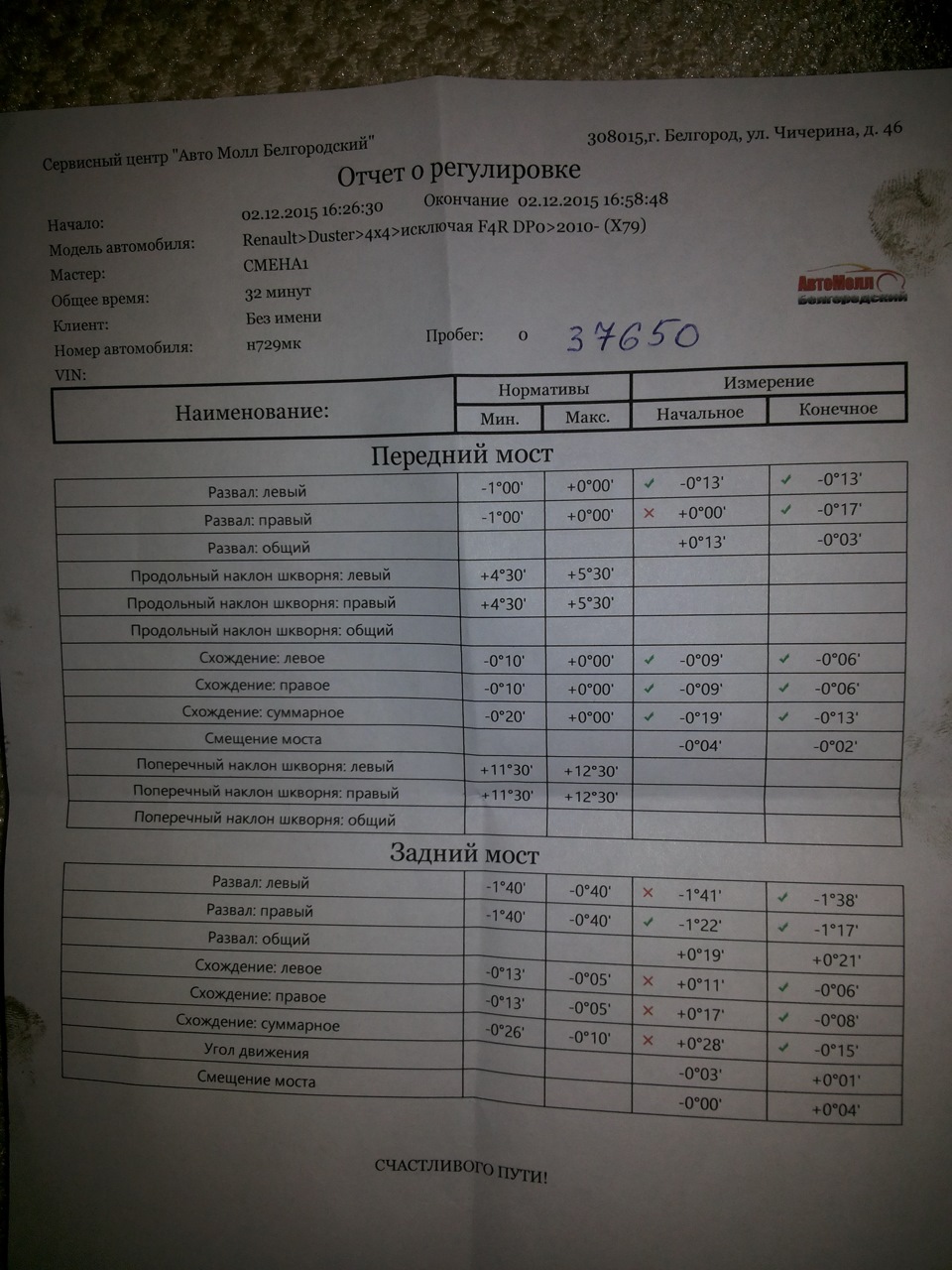 Развал-схождение — Renault Duster (1G), 1,6 л, 2013 года | визит на ...