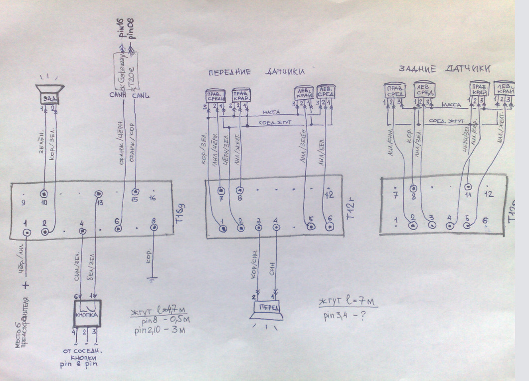 Электросхемы парктроника. Схема подключения парктроника Шкода а5. Схема штатного парктроника Октавия а7. Схема подключения парктроника Фольксваген. Распиновка проводов парктроника.