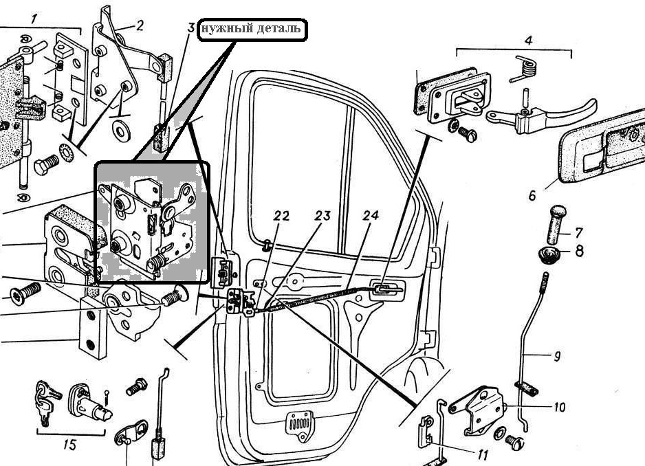 Схема замка боковой двери газель