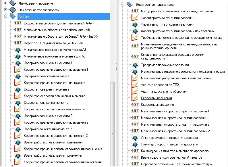 Anti-jerk (в переводе анти-рывок) и собственно сама графа дроссельная заслонка, есть и другие, эти основные — Lada Калина Хэтчбек (2G)