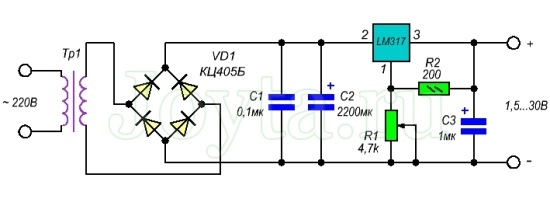 ZSM-NE054, Circuit, adjustable power supply, 1.2-24V, IC LM317, 24VAS