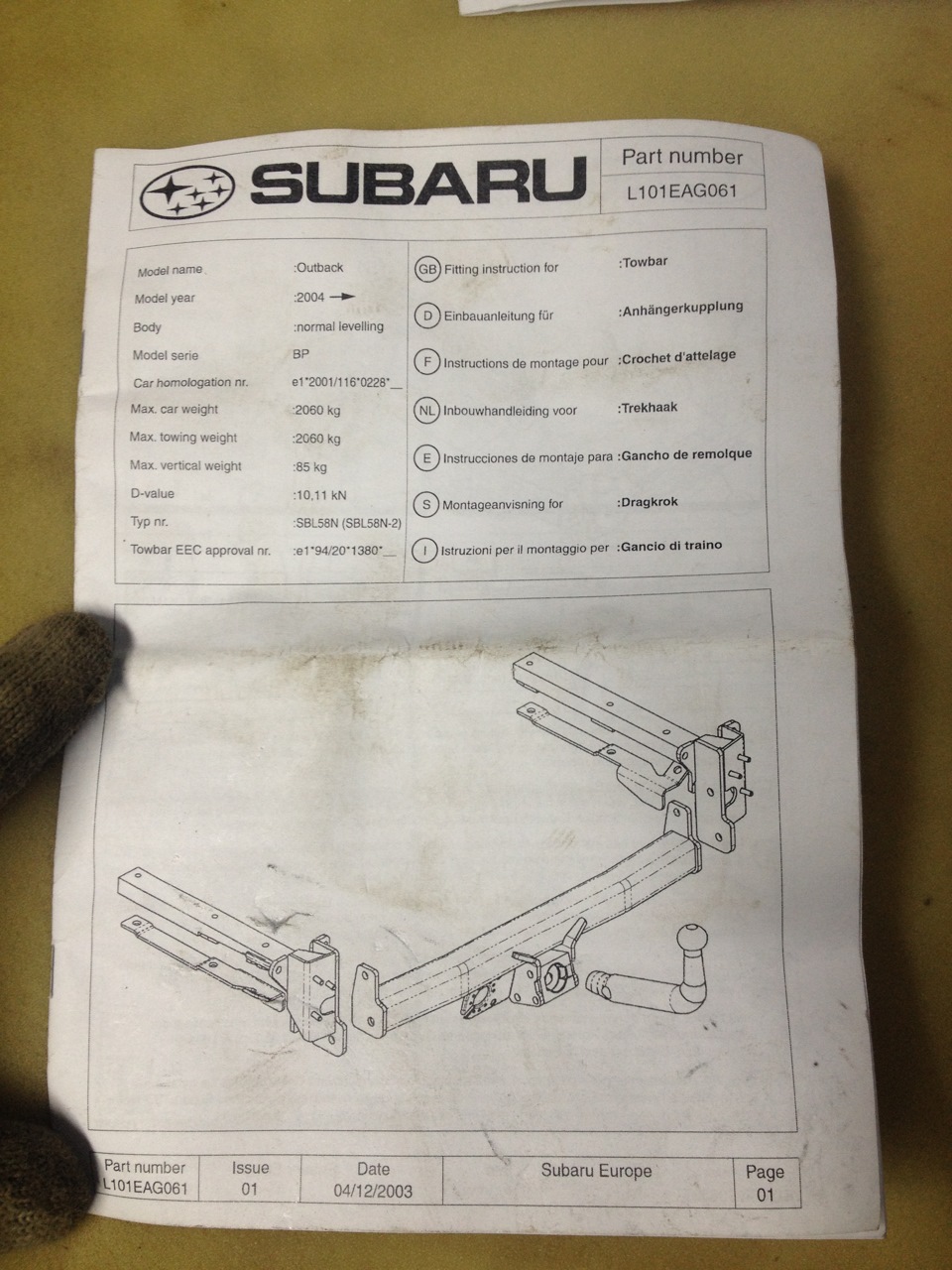 Инструкция от фаркопа — в ней прописано, что он для Outback. Номерок можете не бить в экзисте — не бьется, видать для европейского рынка он ;) — Subaru Outback (BP). Запчасти на фото: L101EAG061