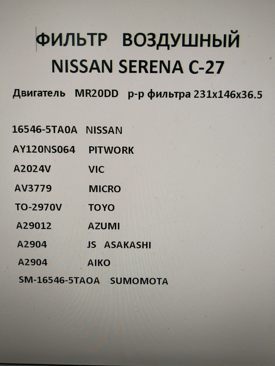ФИЛЬТР ВОЗДУШНЫЙ NISSAN SERENA C-27. Р-ры фильтра 231х146х36.5 мм ...