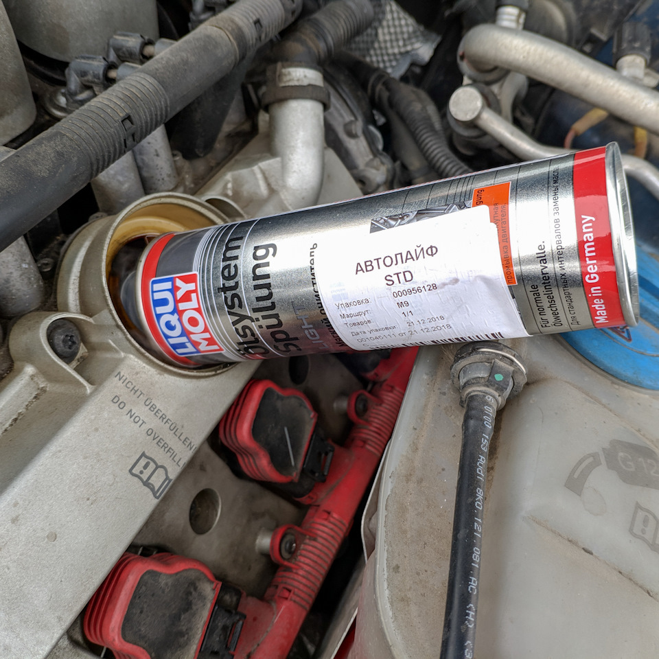 Заливаю свою любимую пятиминутку от ликви моли, запускаю мотор и жду на ХХ 10 минут согласно инструкции — Audi A5 (1G)