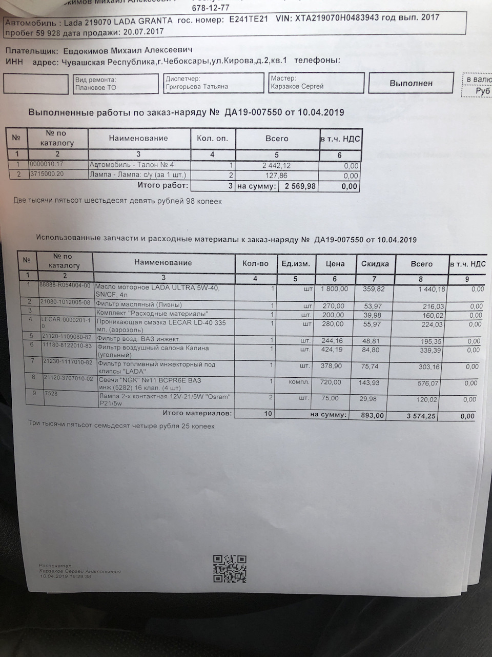 Привет пороги и ТО-4 — Lada Гранта (1G), 1,6 л, 2017 года | визит на ...