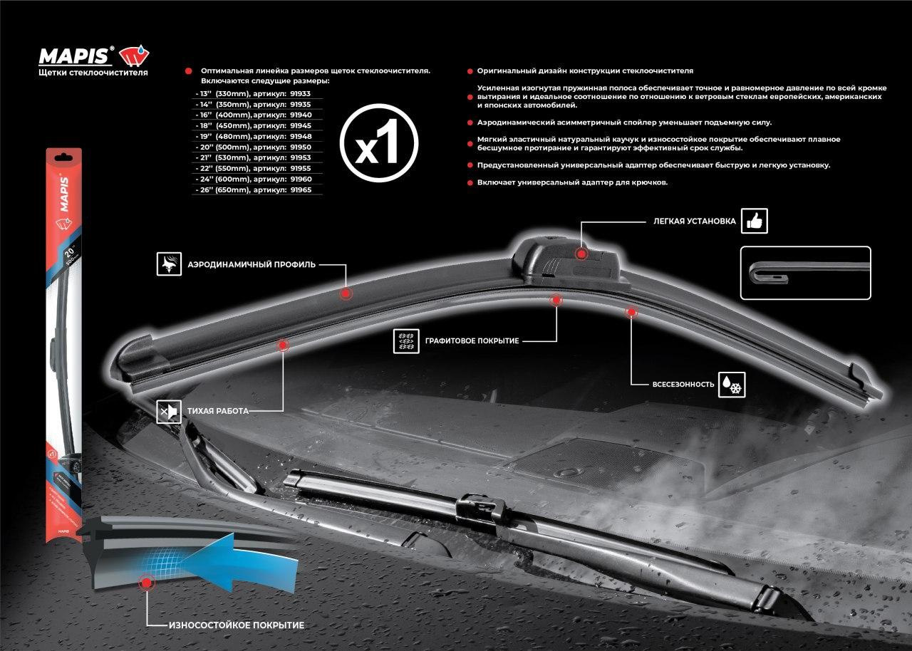 Какой размер дворников. 91960 Mapis щетка стеклоочистителя бескаркасная 600 mm. 91950 Mapis щетка стеклоочистителя бескаркасная 500 mm. Дворники фирмы mapis характеристики. Mapis 91965.