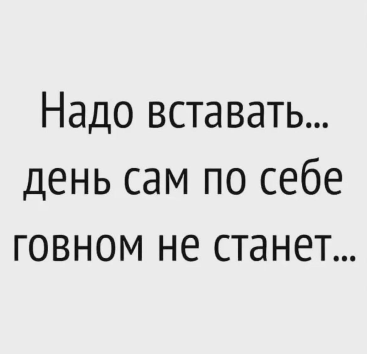 Надо вставать. Надо вставать день сам по себе. День сам по себе говном не станет. Надо вставать день сам по себе гавном. Пора вставать день сам по себе говном не станет.