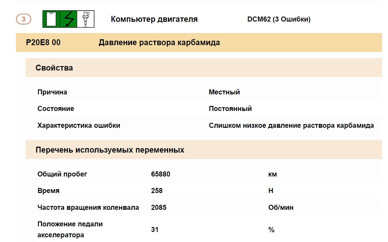 В блоке управления двигателем: ❌ P20E8 00 Давление раствора карбамида 