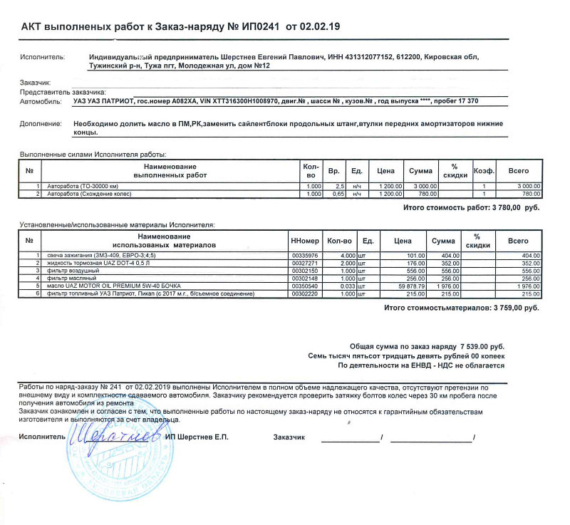 Акт выполненных работ ремонт автомобиля образец