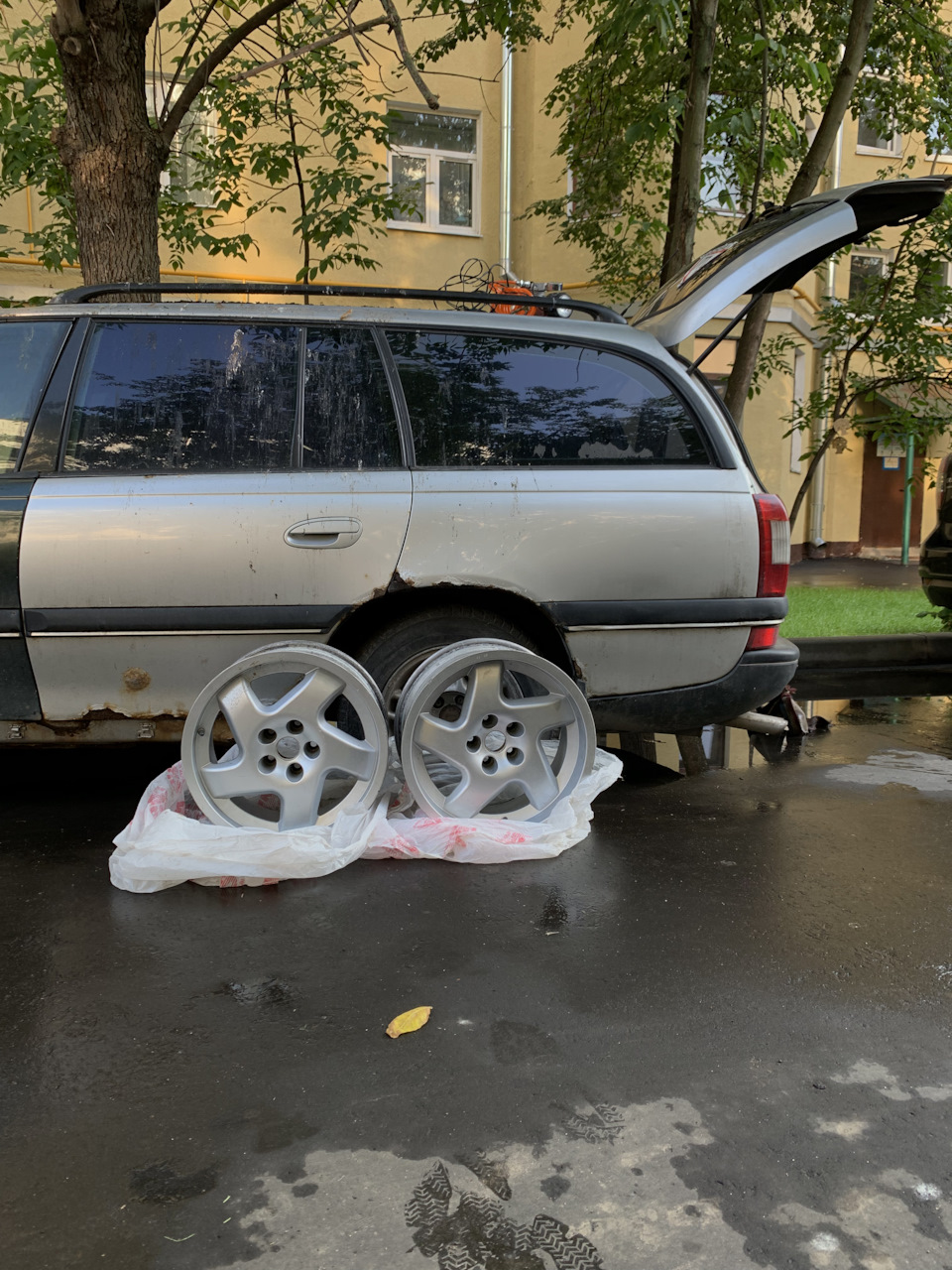 Те самые диски. Такие только у меня и у Майкла Джексона. И такие гнилые арки на сарае тоже — Opel Omega B