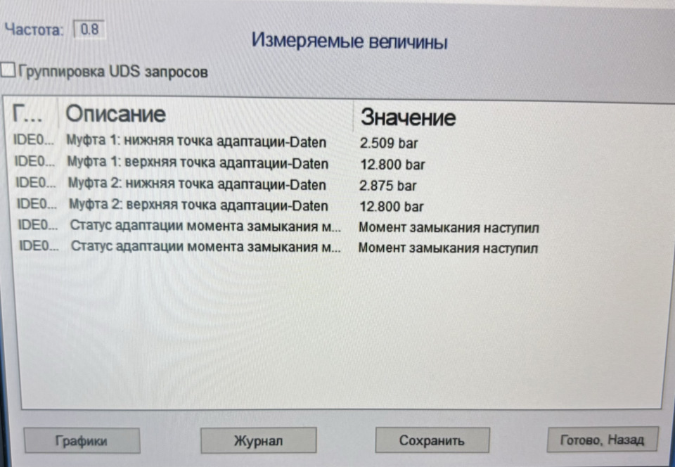 Показатели давления муфт после предпоследней адаптации и адаптационной поездкой. Адаптационная поездка длились не более 20 км., уже понял что для этого требуется. Как видно давление стало ниже чем было ранее (на фото ниже), как нижних так и верхних точкек адаптации, муфты сомкнуты, из режима самообучения выведена. — Audi Q5 (2G)