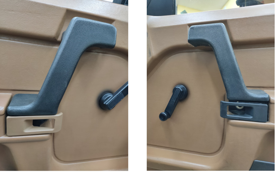 Второй момент внутренние ручки открывания. Открывашки здесь намного длиннее чем у серийных авто, обратите внимание, как выступает эта деталь. У более ранней машины она также черная — Москвич Святогор