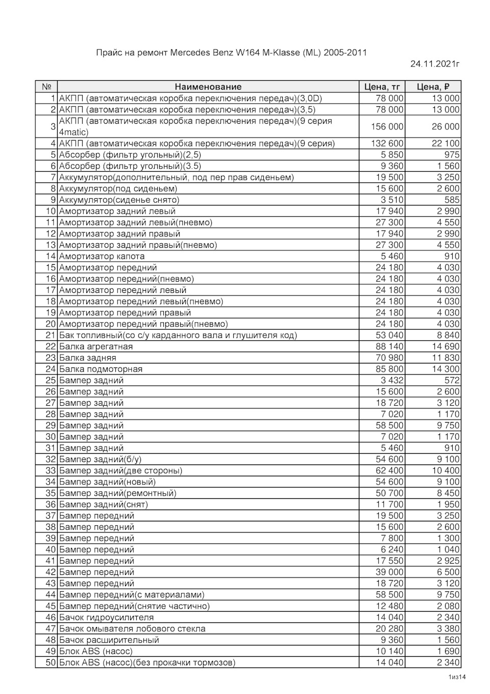 Прайс на ремонтные работы W164 — Mercedes-Benz M-Class (W164), 3 л, 2005  года | визит на сервис | DRIVE2