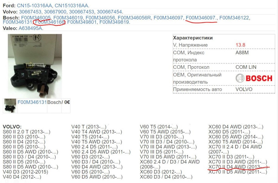 Регулятор генератора Артикула — Volvo XC60 (1G), 2,4 л, 2015 года ...
