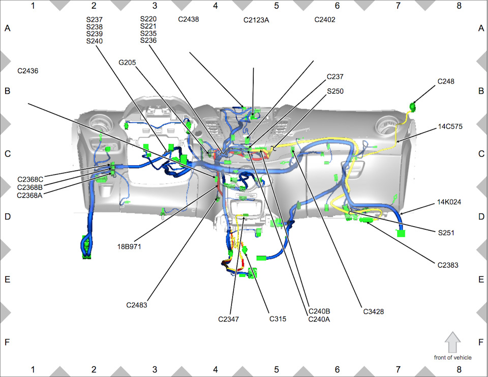 Проводка SYNC проложена как на схеме (желтый жгут 14С575) — Ford Fiesta (Mk VI). Запчасти на фото: C2438, C2402, C2436, C2483, Tristar S220