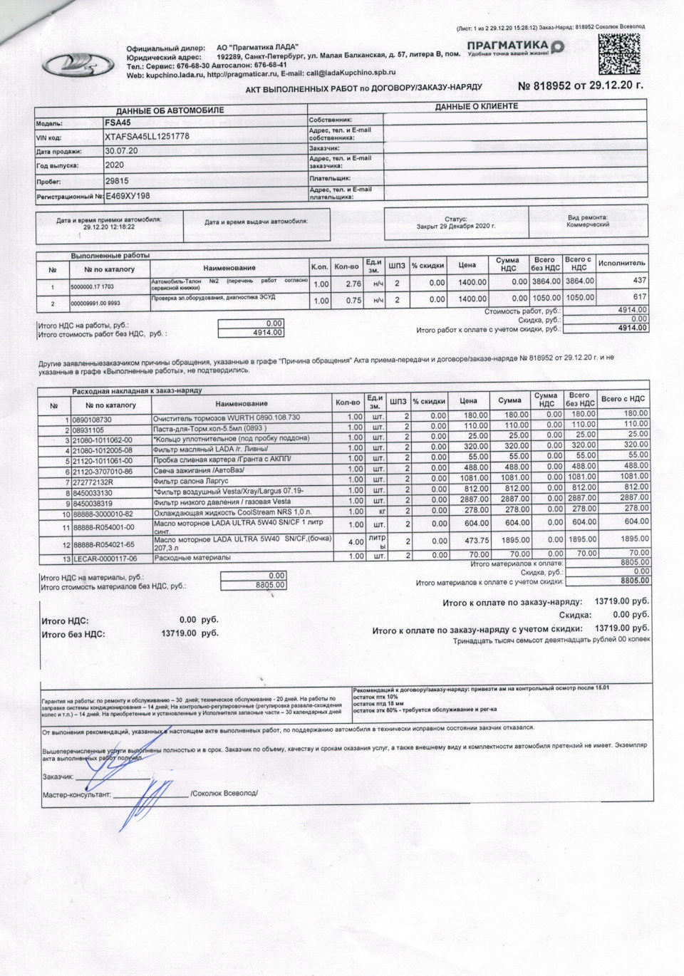 Е469ХУ198 предыстория и второе ТО в Прагматика Купчино — Lada Ларгус, 1,6  л, 2020 года | плановое ТО | DRIVE2