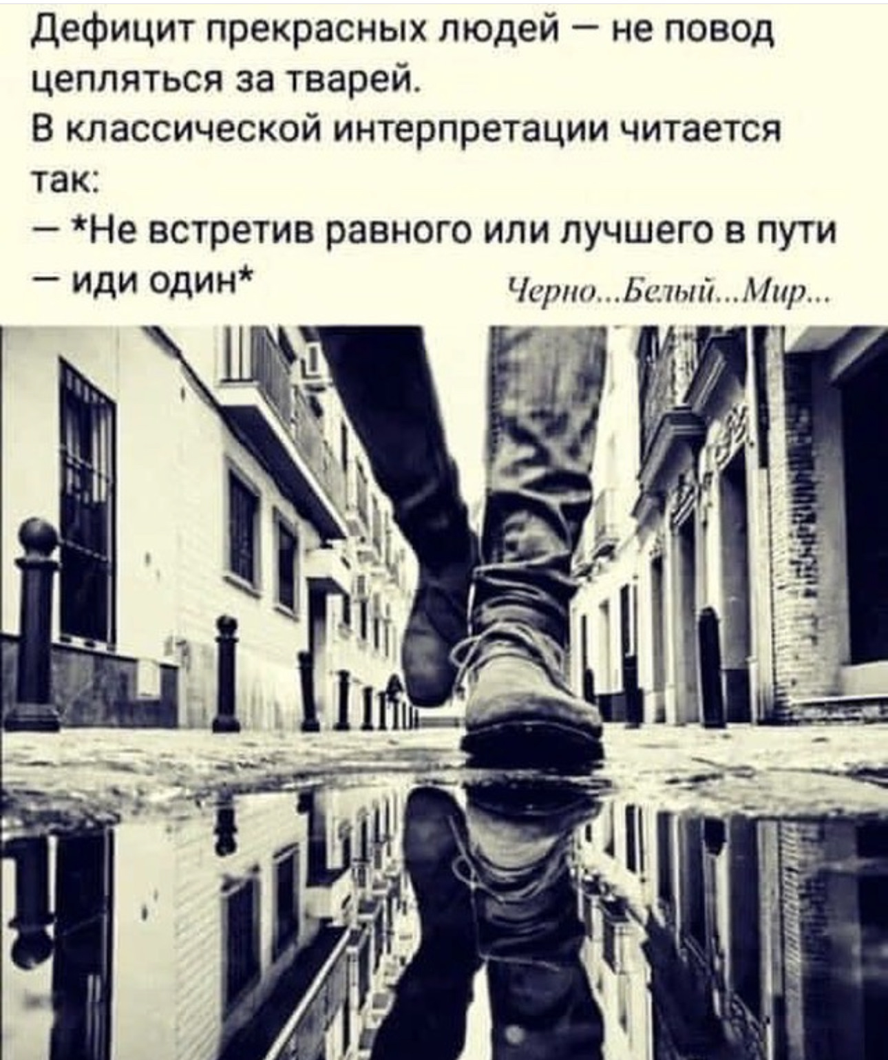 Не хватайтесь за чужие. Дефицит прекрасных людей не повод цепляться за. Не встретив равного или лучшего в пути иди один. Дефицит нормальных людей не повод цепляться. Не в третив равного или лучшего.