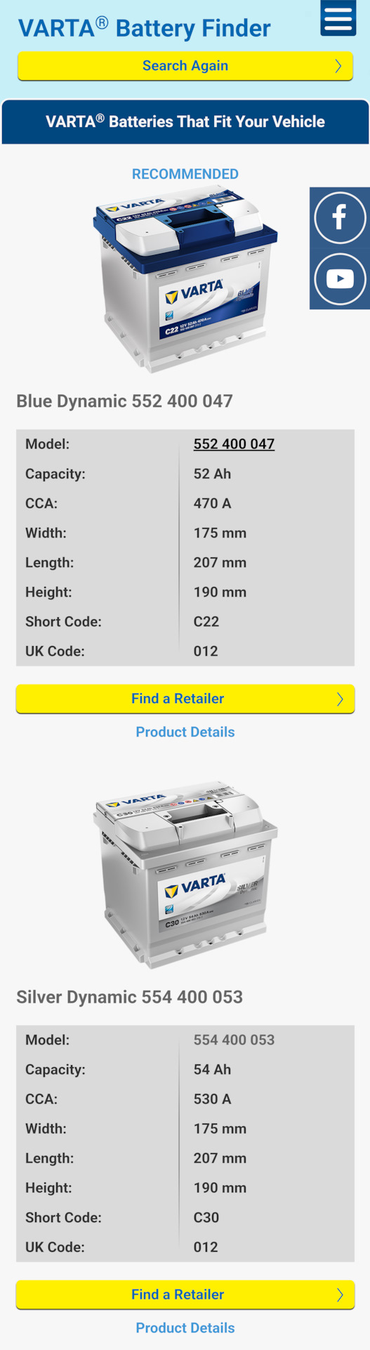 C22 Varta Blue Dynamic Car Battery 12V 52Ah (552400047) (012)