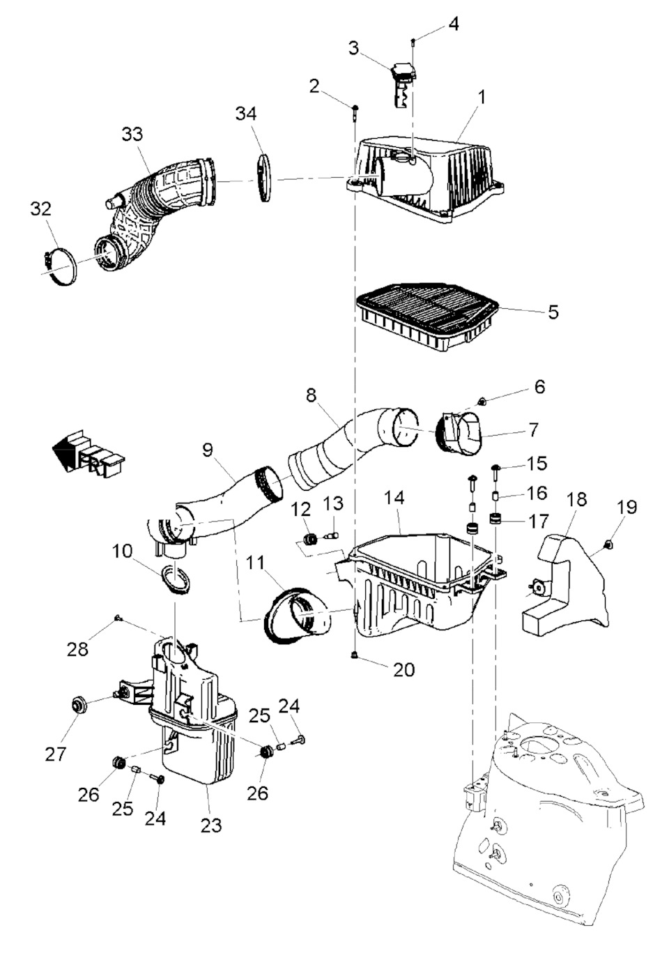 Корпус воздушного фильтра — снять/поставить — Chevrolet Captiva (1G), 2 ...