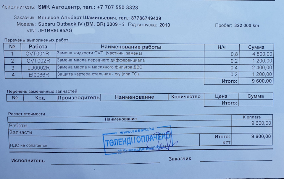 Маслозамена — Subaru Outback (BR), 2,5 л, 2010 года | визит на сервис ...