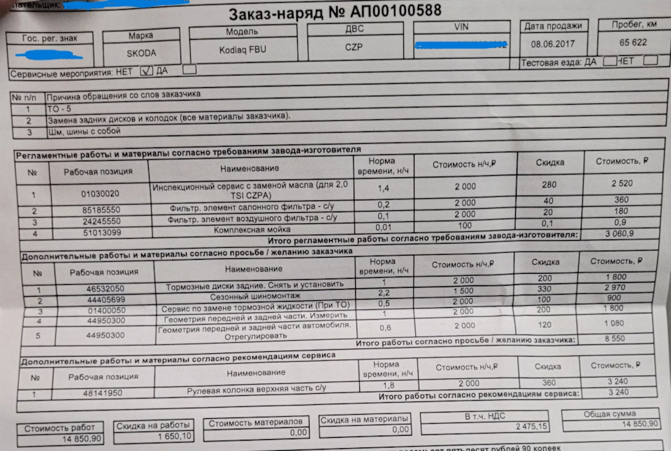 ТО-5 (2,0TSI- CZPA) / Замена зад.дисков / Скрип руля / Шиномонтаж ...