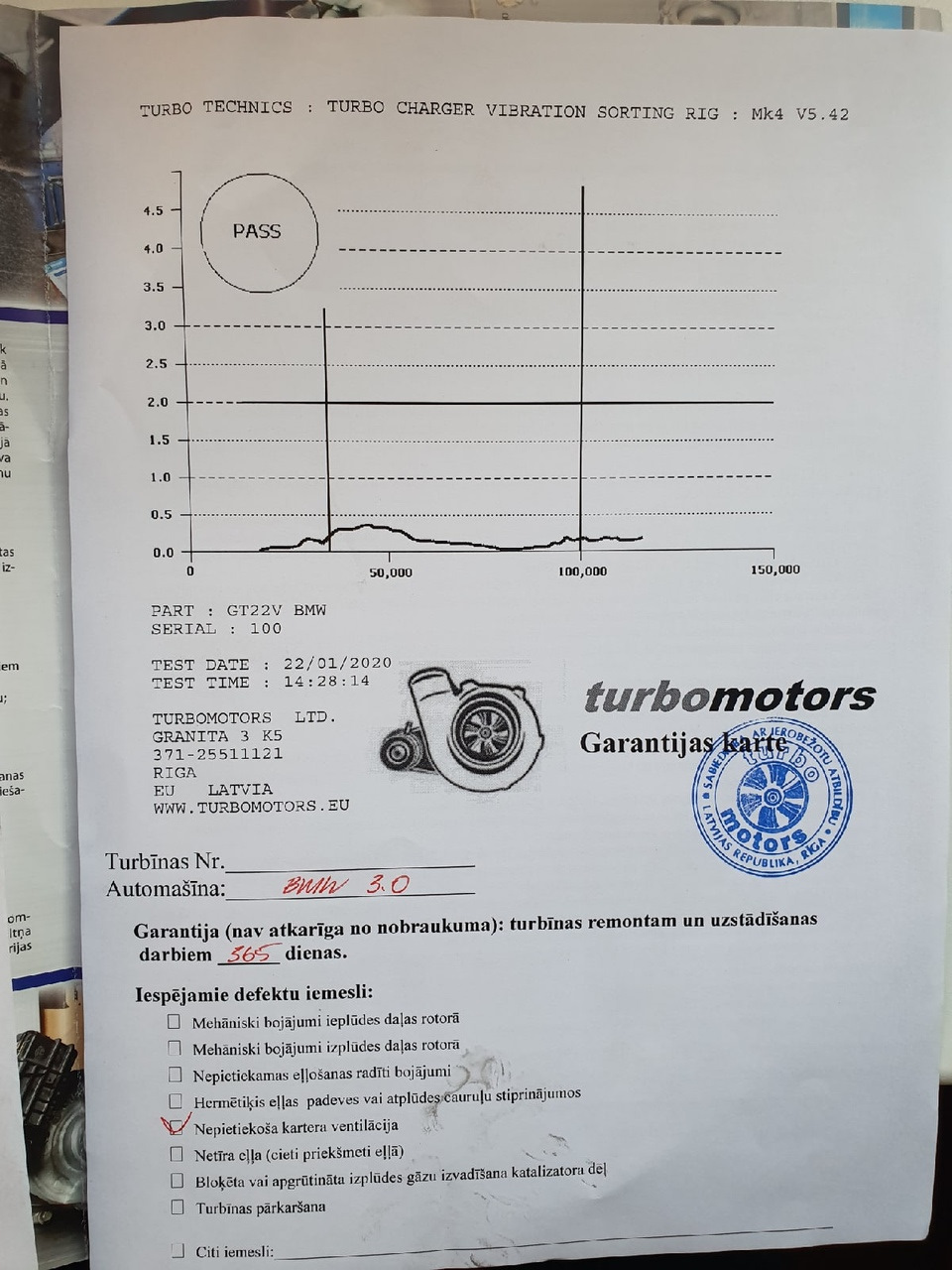 Первая распечатка из турбомоторс, показывает на графике вибрацию турбины — BMW 3 series Touring (E46). Запчасти на фото: 22012020
