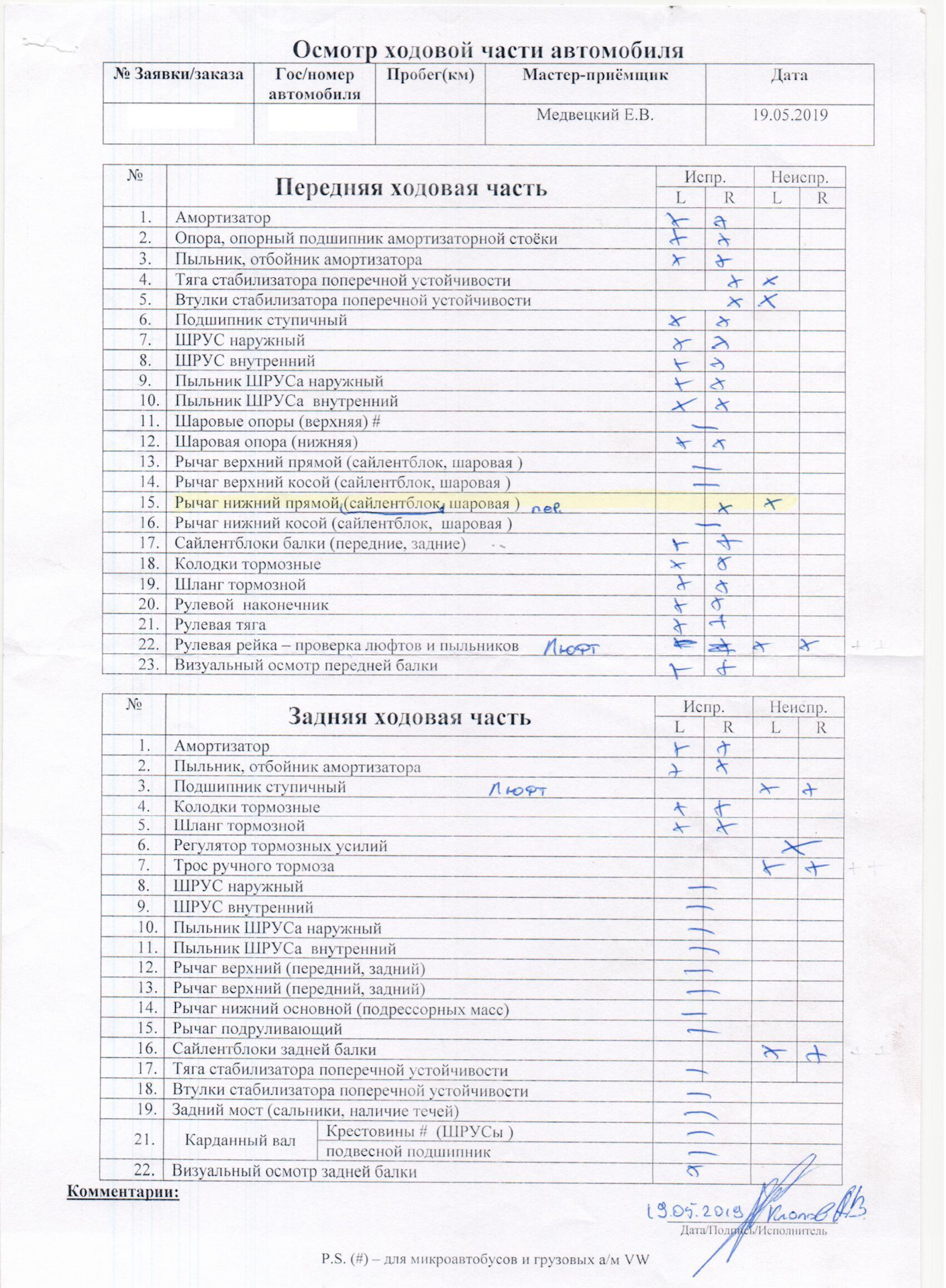 Бланк диагностики ходовой части автомобиля образец