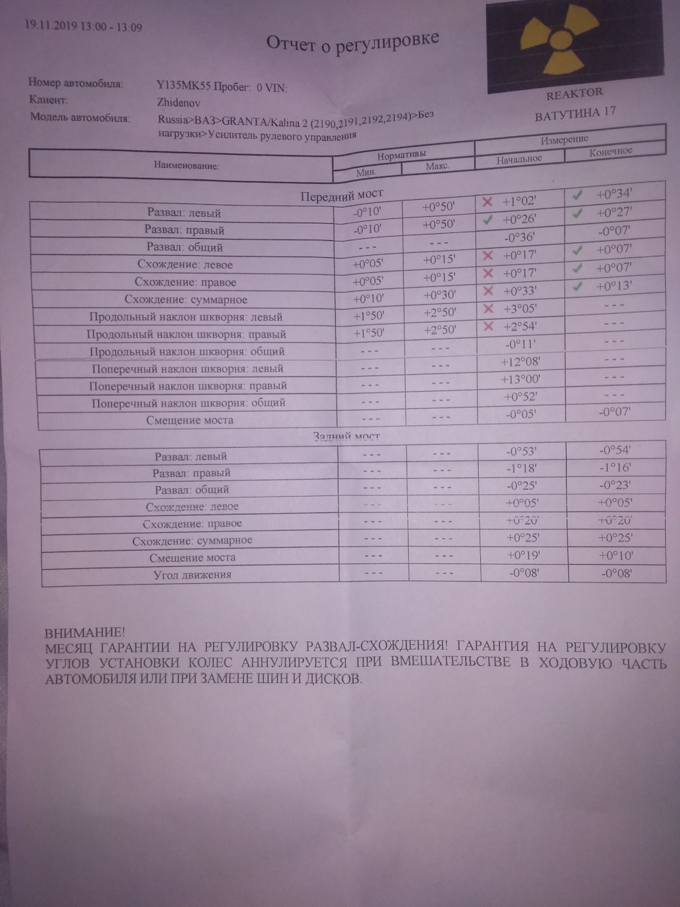 наконец то заехал на развал/схождение — Lada Гранта Лифтбек (2-е  поколение), 1,6 л, 2019 года | визит на сервис | DRIVE2