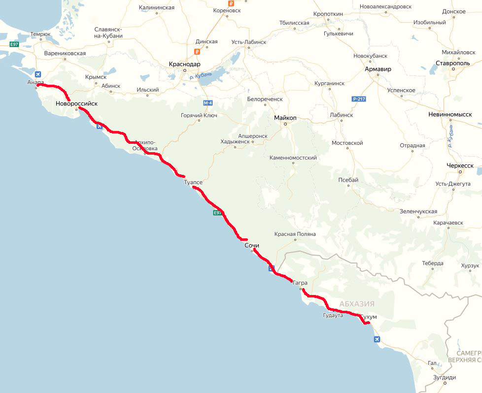 Расстояние сочи анапа в км. Анапа и Абхазия на карте. Гагра-Анапа маршрут. Дорога Анапа Абхазия.